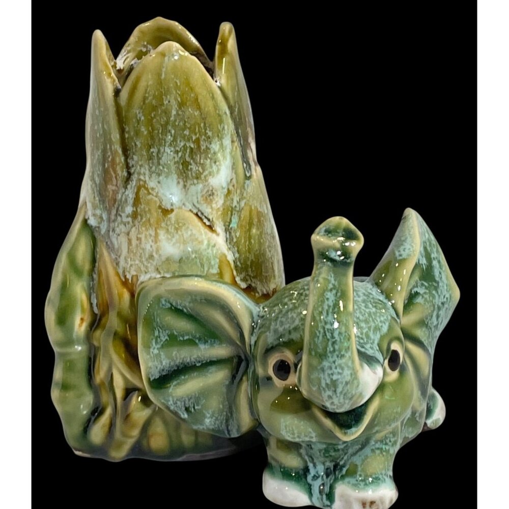 Vintage Elephant & Lotus Planter/Holder Hand-Glazed Ceramic Green & Brown